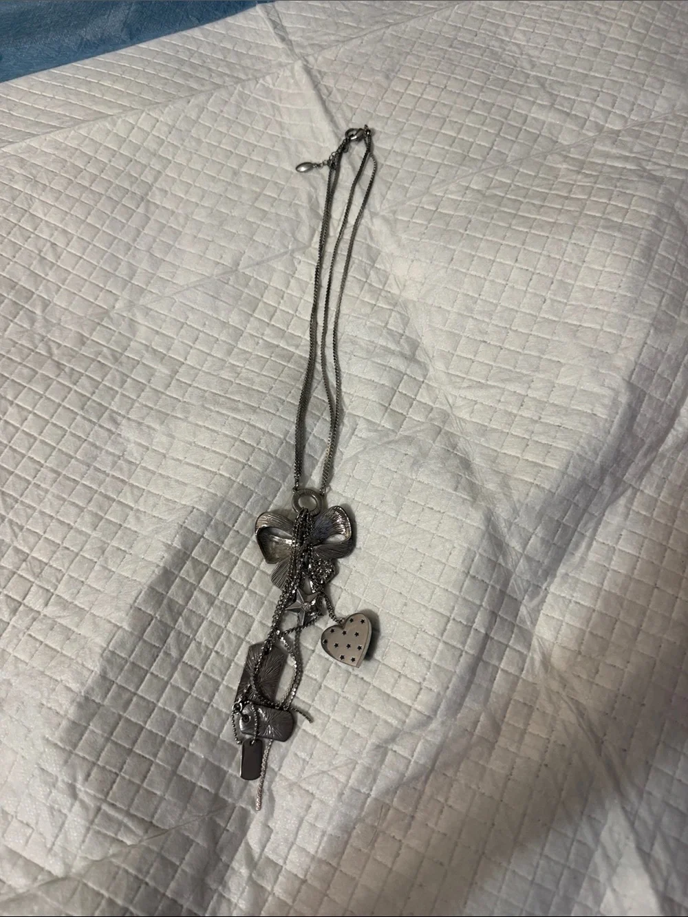 Y2k guess Silver-tone Necklace with Blue Bow and Heart Charms